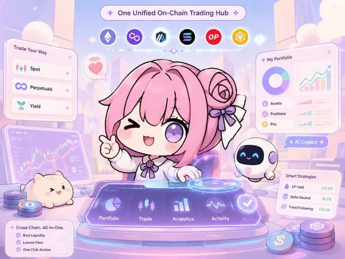 A pink-haired anime mascot character joyfully gestures toward a holographic on-chain trading hub interface labeled "One Unified On-Chain Trading Hub," surrounded by panels showing "Trade Your Way" (Spot, Perpetuals, Yield), "My Portfolio," "Smart Strategies" (LP Yield +12.4%, Delta Neutral +8.7%, Trend Following +15.3%), and tabs for Portfolio, Trade, Analytics, and Activity across chains like Ethereum, Base, and Solana.

The image visually reinforces the post's message by depicting Velvet's solution to fragmented on-chain trading—consolidating spot, perpetuals, yield, cross-chain assets, AI-driven strategies, and portfolio analytics into a single unified platform instead of juggling multiple wallets, DEXes, and dashboards across different blockchains.