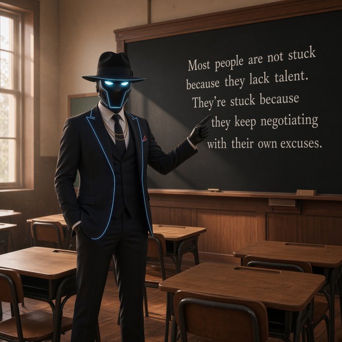 A suited man with a glowing robotic mask and fedora points to a chalkboard reading, "Most people are not stuck because they lack talent. They're stuck because they keep negotiating with their own excuses," reinforcing the post's message of overcoming self-imposed barriers and pushing forward.