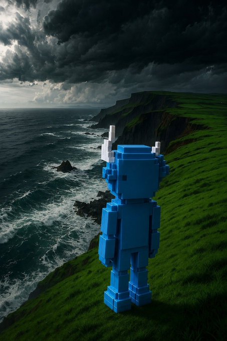 A blue robotic figure stands solemnly on a grassy cliff overlooking a turbulent, stormy sea, symbolizing the bold and unwavering "no free Bulltoshis" stance. The dramatic, dark skies and crashing waves mirror a defiant mood, reinforcing the message of standing firm and refusing to give in.