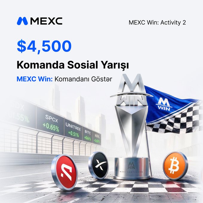 MEXC Win Activity 2 promotional graphic announcing a $4,500 "Komanda Sosial Yarışı" (Team Social Contest) featuring a racing-themed trophy display with cryptocurrency tokens (AVAX, XRP, BTC) and MEXC Win branding. The image visually supports the accompanying post about a team-based social competition offering USDT prizes for the MEXC Azerbaijan community.