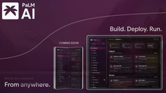 The image shows a promotional graphic for PaLM AI featuring the tagline "Build. Deploy. Run." and "From anywhere," alongside a laptop displaying what appears to be a dashboard interface. The visual reinforces the post's announcement of a decentralized hosting service for web applications, emphasizing the platform's accessibility and deployment capabilities.