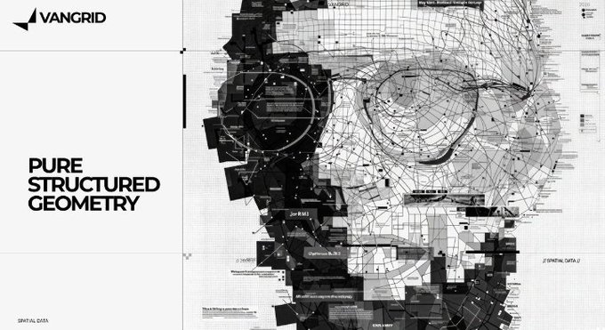 A black and white technical illustration titled 'PURE STRUCTURED GEOMETRY' by VANGRID shows a fragmented 3D head composed of geometric data points.