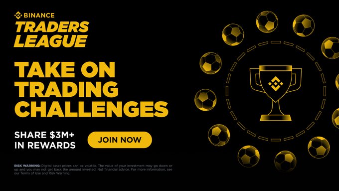 A Binance Traders League promotional banner featuring a golden trophy encircled by soccer balls, announcing "TAKE ON TRADING CHALLENGES" with a $3M+ reward pool and a "JOIN NOW" button. The image aligns with the post's call-to-action about the final 48 hours to participate in Traders League Season 3 before it closes on July 20.