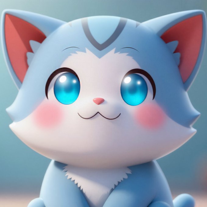 A 3D-rendered, cartoon-style kitten with large sparkling blue eyes and pink blush cheeks sits adorably against a soft blue background. The chibi character embodies the "Cuteness > AI" sentiment, showcasing how AI-generated art can create irresistibly charming and endearing illustrations.