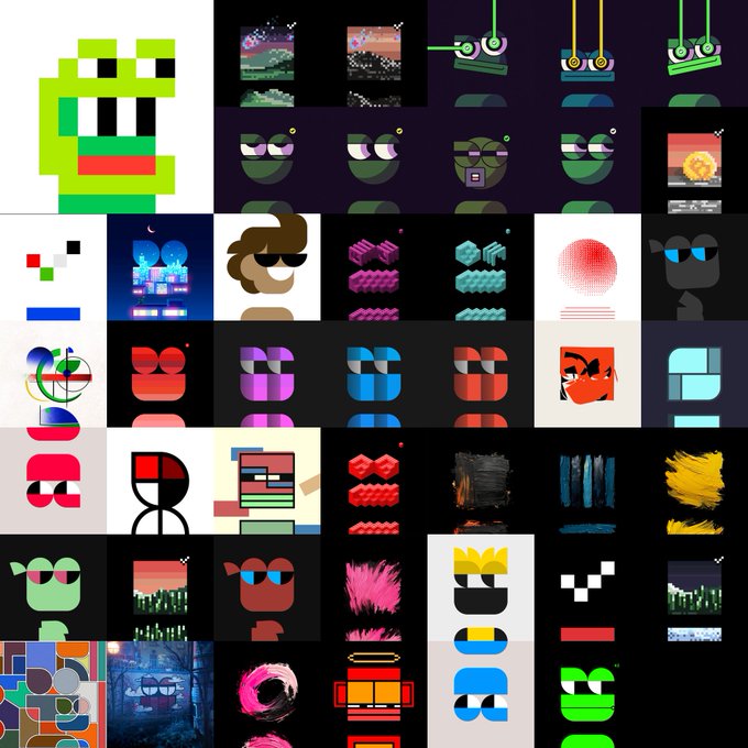 A collage of various pixel art graphics, character icons, abstract designs, and stylized portraits in a grid layout.