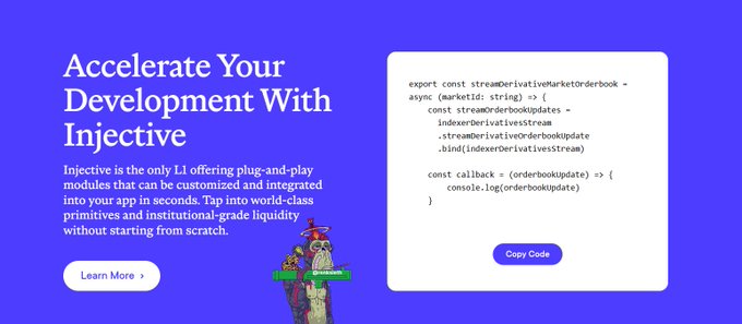 A promotional banner with a blue background titled 'Accelerate Your Development With Injective', describing plug-and-play modules, with a code snippet showing 'streamDerivativeMarketOrderbook' and a 'Copy Code' button.