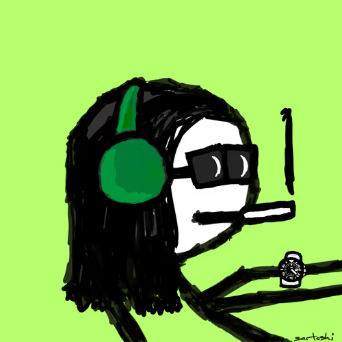 A crude digital drawing of a person with long black hair wearing green headphones and 3D glasses, smoking a cigarette with a lighter nearby, captioned "my mfers" to humorously reference the "stoner meme" persona.