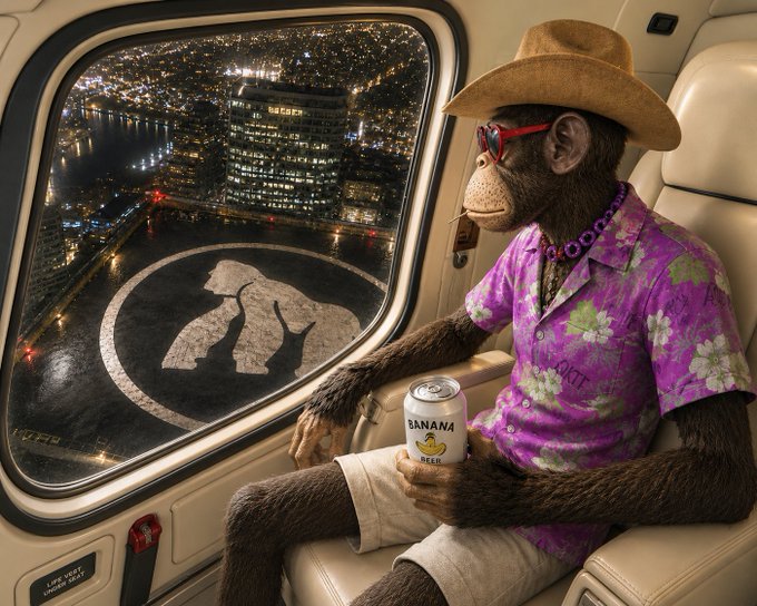 A humorous AI-generated image of a monkey wearing a cowboy hat, red sunglasses, a purple floral shirt, and beaded necklace, sitting in a helicopter holding a 'Banana Beer' can, looking out over a city with a large ape face painted on the helipad below.