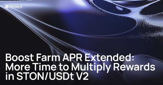 A dark, sleek promotional banner from STON.fi announcing 'Boost Farm APR Extended: More Time to Multiply Rewards in STON/USDt V2'.