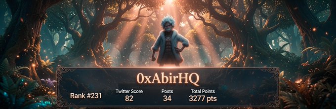 A fantasy digital artwork of a white-haired character in an enchanted forest with glowing particles, displayed above a stats banner reading "0xAbirHQ" with "Rank #231", "Twitter Score 82", "Posts 34", and "Total Points 3277 pts".
