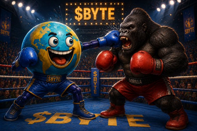 A colorful illustration showing a cartoon Earth wearing blue boxing gloves fighting a gorilla wearing red boxing gloves in a boxing ring, with '$BYTE' branding displayed on the ropes and background.