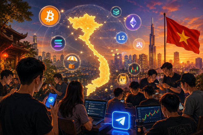 A vibrant illustration depicting a Vietnamese crypto scene with people trading on devices, set against a sunset cityscape featuring the Vietnam flag, a golden map of Vietnam, and various cryptocurrency icons like Bitcoin, Ethereum, and Solana.