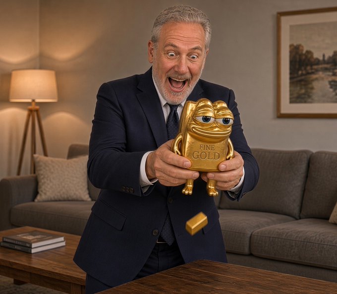 An older man in a dark suit excitedly holding a golden frog figurine inscribed with 'FINE GOLD', with a gold bar dropping from his hand.