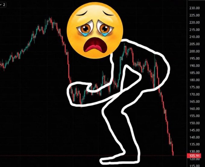 A dark stock or crypto price chart displays a downward-trending candlestick pattern with a white line-drawn figure clutching its chest and a pleading-face emoji superimposed, illustrating financial loss or panic.