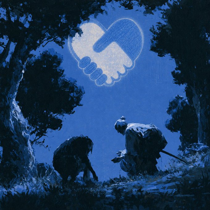 A moody blue-toned digital painting shows two silhouetted figures—one hunched over and one standing with a staff—beneath a sky featuring a large heart-shaped handshake icon framed by dark trees.