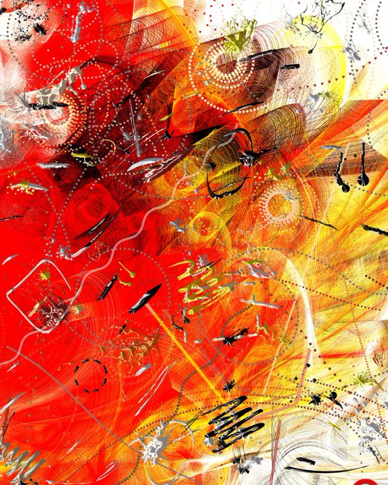 An abstract painting featuring vibrant red, orange, and yellow colors with swirling lines, dotted patterns, and various gestural marks.