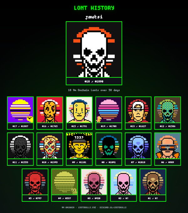 A pixel art display titled 'LONT HISTORY' showing a collection of 18 different crypto-themed skeleton avatars with varying backgrounds and token numbers.