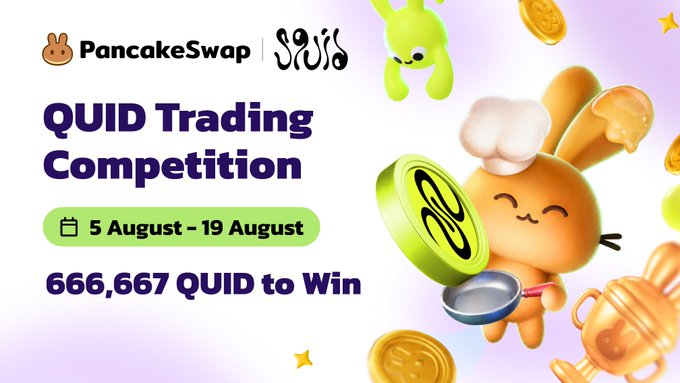 The image is a promotional banner for a "QUID Trading Competition" hosted by PancakeSwap on Sushi, running from August 5–19, with 666,667 $QUID tokens up for grabs, featuring a cute cartoon rabbit chef holding a frying pan alongside floating QUID coins.