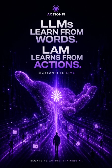 A promotional poster for 'ACTIONFI' with the text 'LLMs LEARN FROM WORDS. LAM LEARNS FROM ACTIONS. ACTIONFI IS LIVE', featuring a glowing purple digital hand holding a light above a figure walking toward an array of icons.