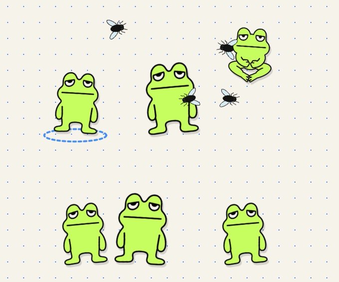 Cartoon illustration of green frogs being swarmed and bitten by flies, with one frog lurking and several flies visible around them.