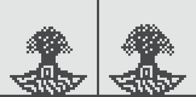 A side-by-side comparison of two nearly identical pixel-art sprites depicting a stylized tree on a base, with subtle pixel variations between the two versions.