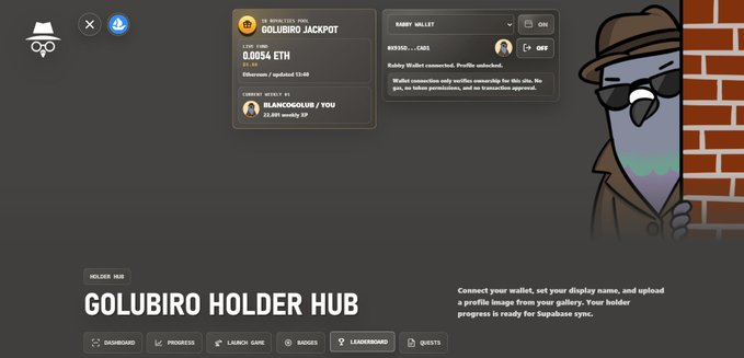 The image shows the "GOLUBIRO HOLDER HUB" beta dashboard, featuring a "GOLUBIRO JACKPOT" displaying 0.0054 ETH (updated 22:49) with a current weekly leader "BANGEDGROUP / YOU" at 23,801 weekly XP, alongside a rabbit in a trench coat and sunglasses. The interface includes options to connect a wallet, set a display name, and access features like the Dashboard, Progress, Launch Game, Badges, Leaderboard, and Quests, directly illustrating the post's announcement of the beta launch with wallet connection, quests, XP-earning mini-games, badge unlocks, and the weekly royalty jackpot competition.