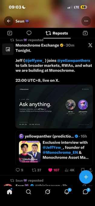 A dark-mode social media app screenshot showing Seun reposting a Monochrome Exchange announcement about Jeff (@jeffyew_) joining @yellowpantherx for a live Twitter Spaces interview on RWAs and broader markets.