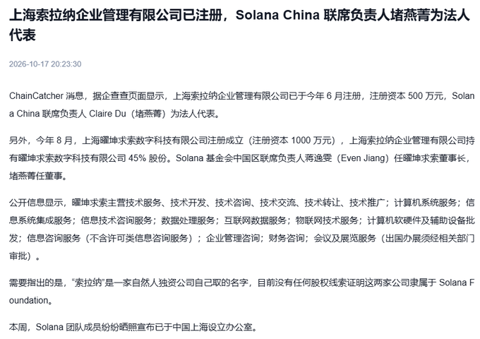 A Chinese news article titled '上海索拉纳企业管理有限公司已注册，Solana China 联席负责人猪燕菁为法人代表' dated 2026-10-17, discussing the registration of Solana-related companies and executives like Claire Du and Even Jiang.