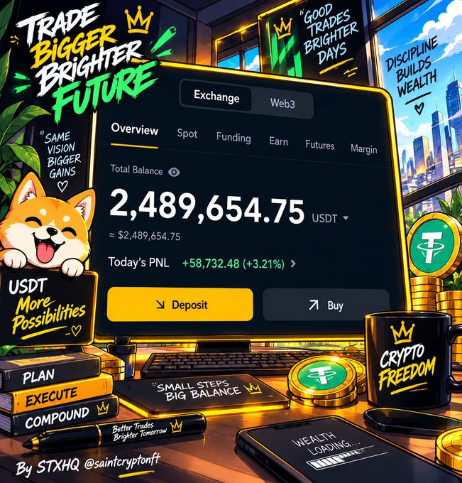 A digital illustration depicting a crypto trading setup with a computer screen showing a balance of 2,489,654.75 USDT and a daily PNL of +58,732.48 (+3.21%), surrounded by motivational text like "TRADE BIGGER BRIGHTER FUTURE" and "CRYPTO FREEDOM", with a Shiba Inu dog character. Created by STXHQ @saintcryptofit.