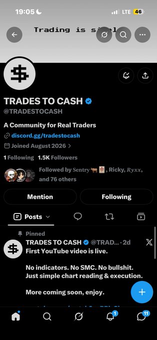 A mobile phone screenshot of an X/Twitter profile for 'TRADES TO CASH' (@tradestocash) with the pinned post reading 'First YouTube video is live.'