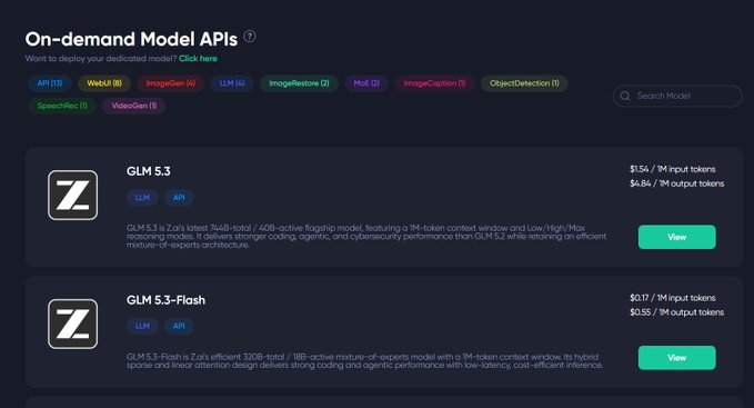 The Theta EdgeCloud "On-demand Model APIs" dashboard displays the newly available GLM 5.3 ($1.54/$6.84 per million input/output tokens) and GLM 5.3-Flash ($0.17/$0.56 per million input/output tokens) language models from Z.ai, both featuring 128K-token and 1M-token context windows respectively for coding and agentic tasks.