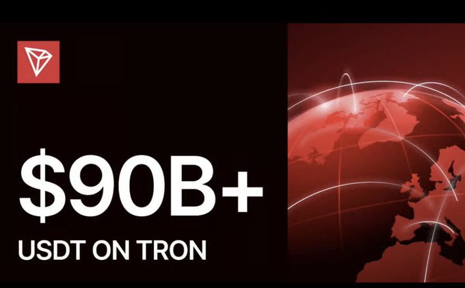 A dark graphic with a red TRON logo displays '$90B+ USDT ON TRON' next to a red globe.