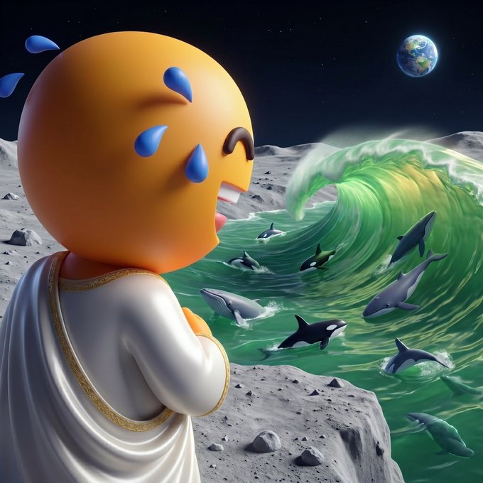 An emoji figure in a toga sweats profusely on the moon while watching whales and dolphins ride a large green wave in space with Earth in the background. The surreal lunar whale-watching scene humorously matches the post's "$LOL" caption, taking the joke about watching whales (crypto holders holding worthless meme coins) to absurd extraterrestrial extremes.