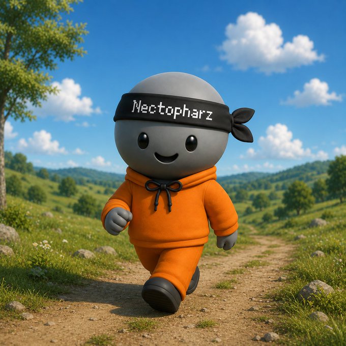 3D-rendered cute character in an orange hoodie with a black headband reading 'Nectopharz' walking on a dirt path in a green countryside.