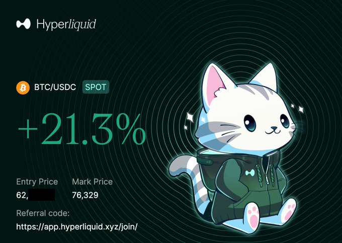 A Hyperliquid trading interface shows a BTC/USDC spot position with a +21.3% gain, marking up from an entry price of $62,[redacted] to a mark price of $76,329, alongside the platform's signature cartoon cat mascot. The image aligns with the post's boast about securing an ideal entry on Bitcoin, visually celebrating the profitable long position on Hyperliquid.