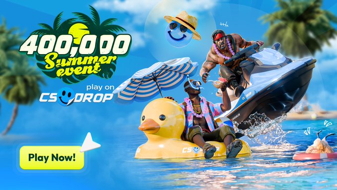 A vibrant summer-themed promotional graphic for CSGOROPl's "$400,000 Summer Event" features characters enjoying water activities—one on a jet ski and another lounging on a giant rubber duck under a beach umbrella—with a "Play Now!" button and a smiling sun face with sunglasses.