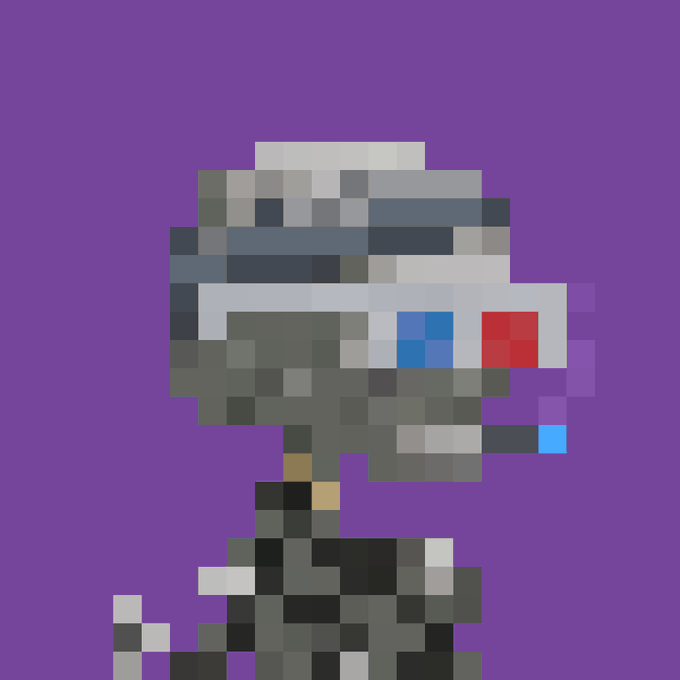 A pixel art rendering of a helmeted character resembling Daft Punk's Guy-Manuel de Homem-Christo, set against a solid purple background.