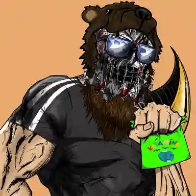 Digital artwork of a menacing character wearing a bear hat, sunglasses, and a skull-like mask, holding a green bag.
