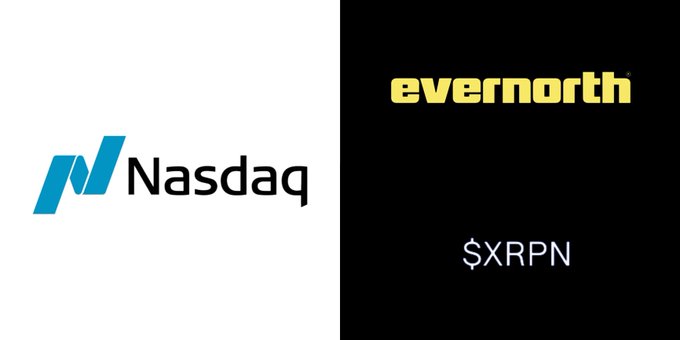 A split graphic shows the Nasdaq logo on a white background on the left and the 'evernorth' logo with ticker '$XRPN' on a black background on the right.