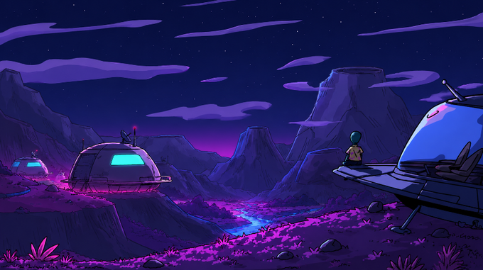 Pixel-art style illustration of an alien nighttime landscape with domed habitats, a figure standing on a platform, purple/pink terrain, and a starry sky.