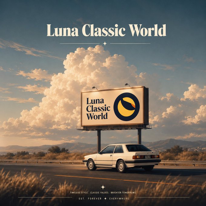 A vintage-style advertisement shows a white car parked on a road under a large billboard reading 'Luna Classic World' against a cloudy sky.