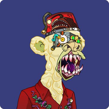 A cartoon illustration of a grotesque, melting zombie-like creature with a mechanical helmet, sharp teeth, and a red shirt against a dark blue background.
