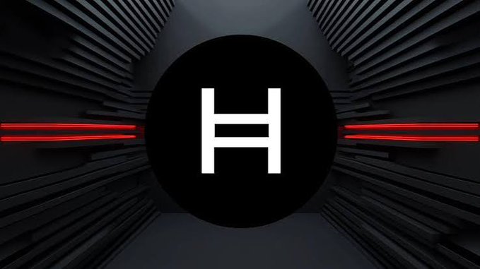 A black circular logo featuring a white stylized "H" is centered in a dark futuristic corridor with red horizontal light strips, representing the Hedera ($HBAR) cryptocurrency platform highlighted in the post about institutional banking adoption.