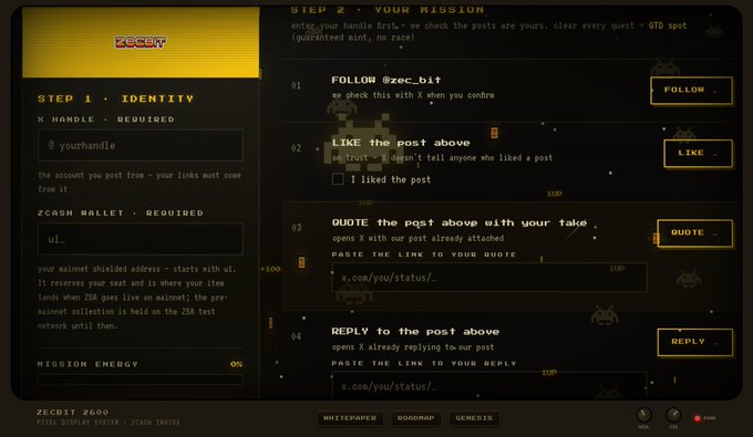 A 'ZECBIT Z600' mission interface showing Step 1 Identity requirements (X handle and Zcash wallet) and Step 2 Your Mission with tasks including following @zec_bit, liking, quoting, and replying to posts for QTD spot rewards.