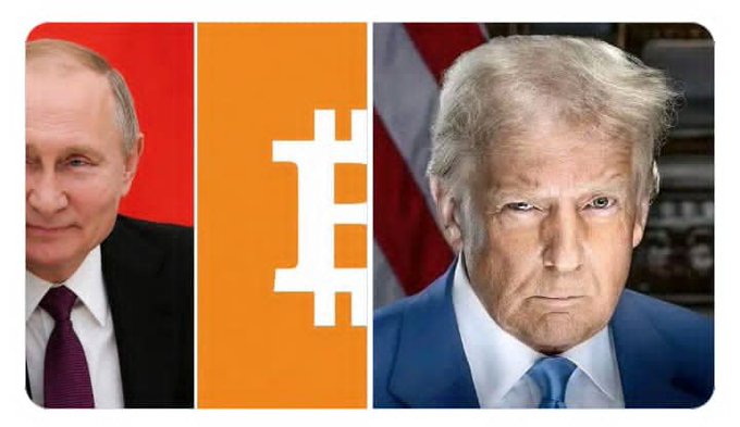 Vladimir Putin and Donald Trump flank the Bitcoin logo, visually representing the geopolitical contrast in cryptocurrency adoption and regulation mentioned in the text.