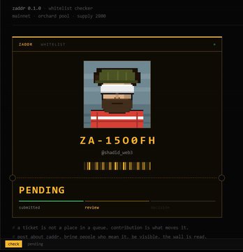 A screenshot of a ZADAR whitelist checker tool showing a pixel-art avatar, the name 'ZA-1500FH', a whitelist status of 'PENDING', and a progress bar with submitted and review stages.