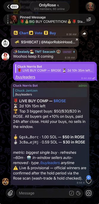 A Telegram group chat screenshot for 'OnlyRose' showing pinned messages about a 'LIVE BUY COMPETITION' with details about ROSE token buys and rankings.