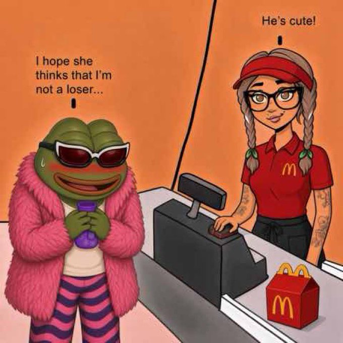A cartoon illustration of Pepe the Frog wearing sunglasses and a pink coat thinking 'I hope she thinks that I'm not a loser...' while ordering at McDonald's from a cashier thinking 'He's cute!'.