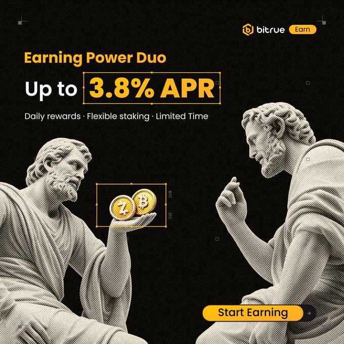A Bitrue "Earning Power Duo" promotional banner featuring two classical statues exchanging BTC and ZEC coins against a black background, advertising up to 3.8% APR with daily rewards and flexible staking for a limited time, directly visualizing the post's call to action to put idle Bitcoin and Zcash to work earning yield.