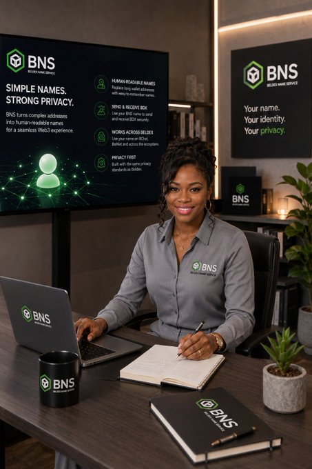 The image shows a professionally dressed woman seated at a desk with a laptop, notebook, and coffee mug—each branded with the "BNS (Blockchain Name Service)" logo—alongside screens displaying the tagline "Simple Names. Strong Privacy" and "Your name. Your identity. Your privacy." The scene visually reinforces the post's message by presenting BNS as a user-friendly solution that replaces complex crypto addresses with recognizable, human-readable digital identities.